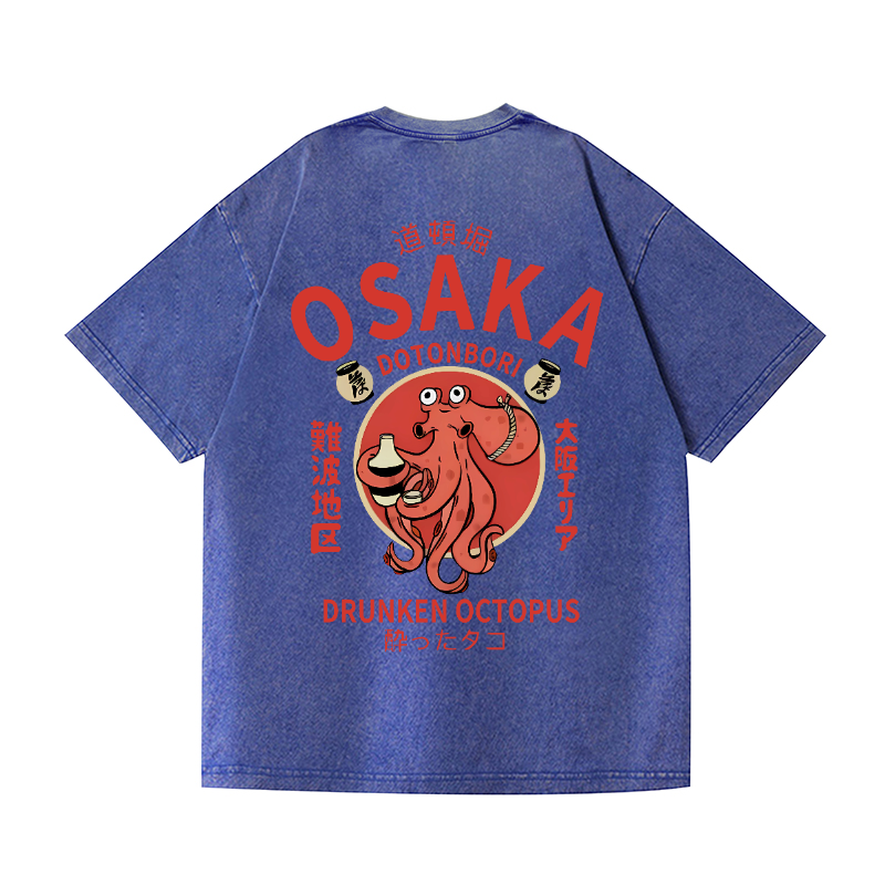 Osaka Dotonbori Drunken Octopus Vintage Wash Japanese Design Back Art T-Shirt