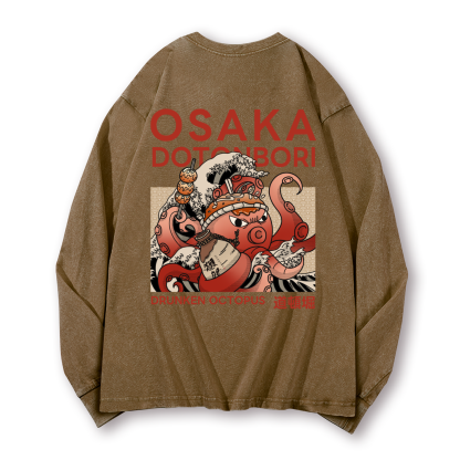 Osaka Dotonbori Drunken Octopus Vintage Washed Cotton Back Art Long-sleeve T-shirt