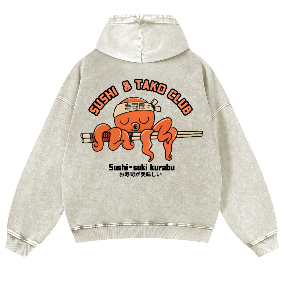 Sushi and Tako Octopus Vintage Washed Cotton Back Art Hoodie