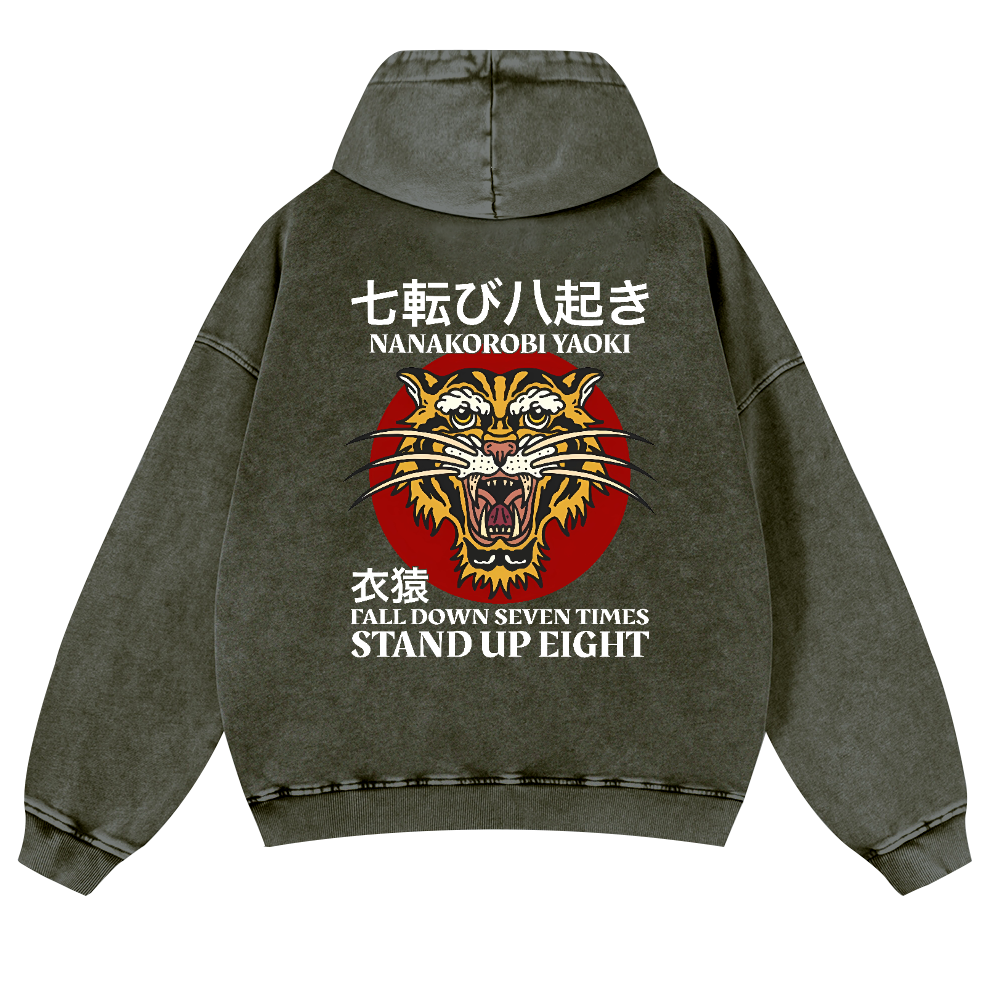 Nanakorobi Yaoki Tiger Vintage Washed Cotton Back Art Hoodie