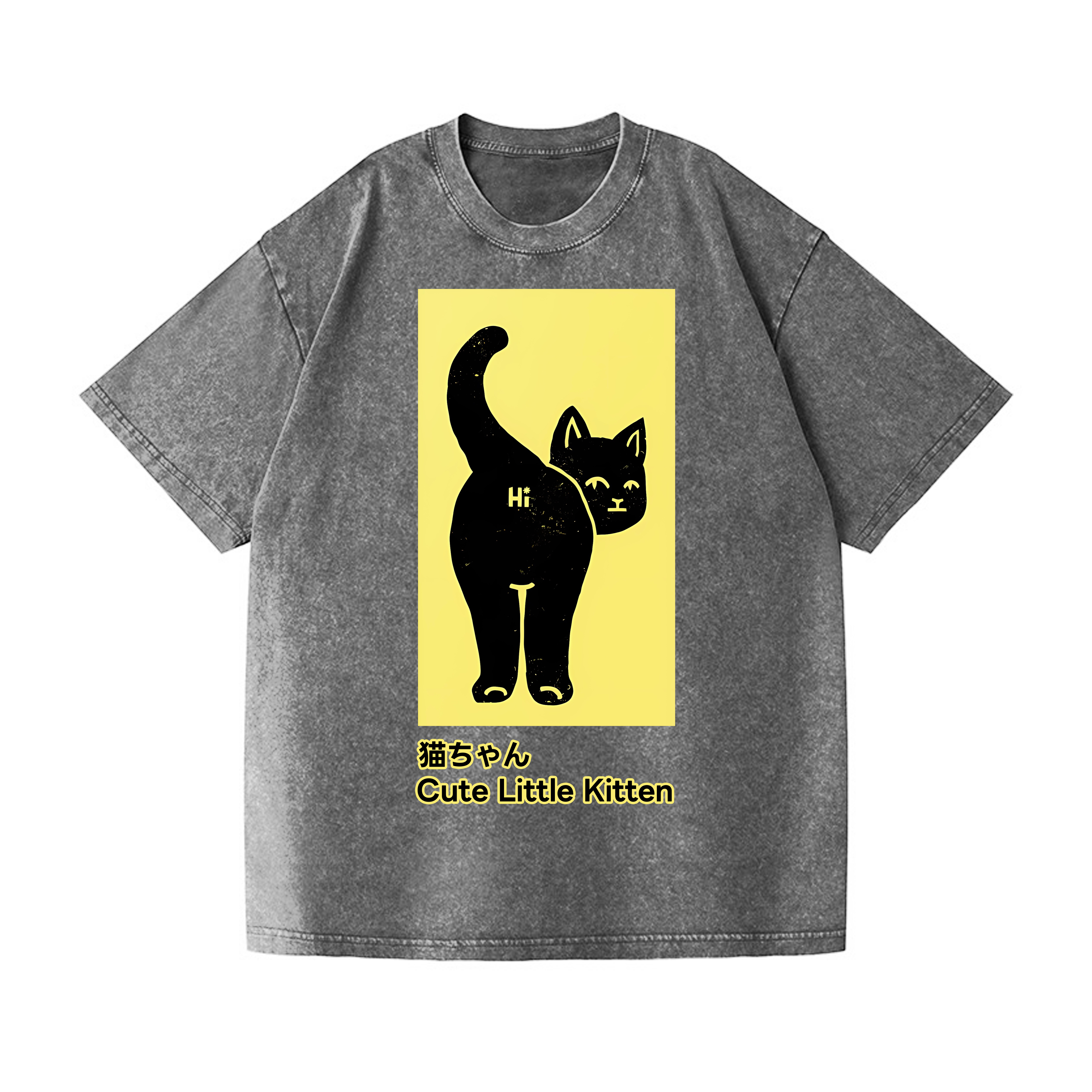 Cute Little Kitten Black Cat Vintage Wash Japanese Design T-Shirt