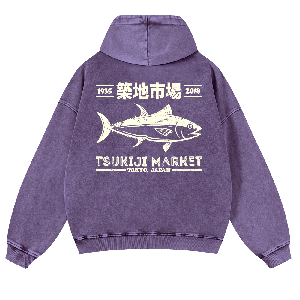 Tsukiji Market Fish Vintage Washed Cotton Back Art Hoodie