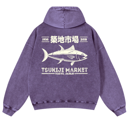 Tsukiji Market Fish Vintage Washed Cotton Back Art Hoodie