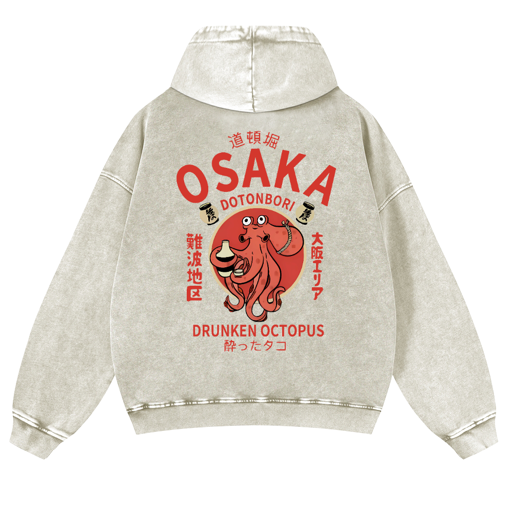Osaka Dotonbori Drunken Octopus Vintage Washed Cotton Back Art Hoodie