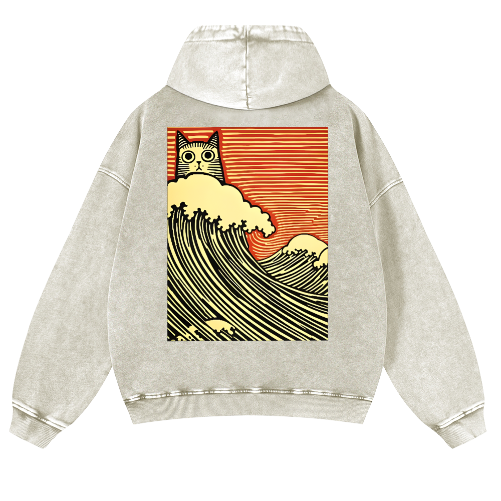 Cat Wave Vintage Washed Cotton Back Art Hoodie