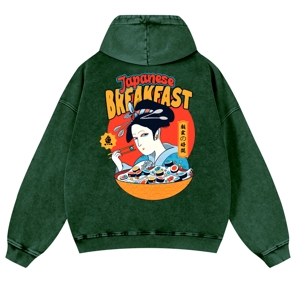 Geisha Fish Sushi Vintage Washed Cotton Back Art Hoodie