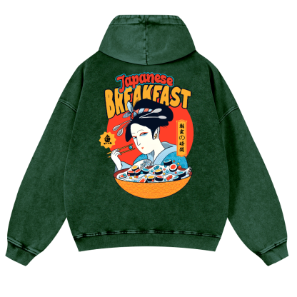 Geisha Fish Sushi Vintage Washed Cotton Back Art Hoodie