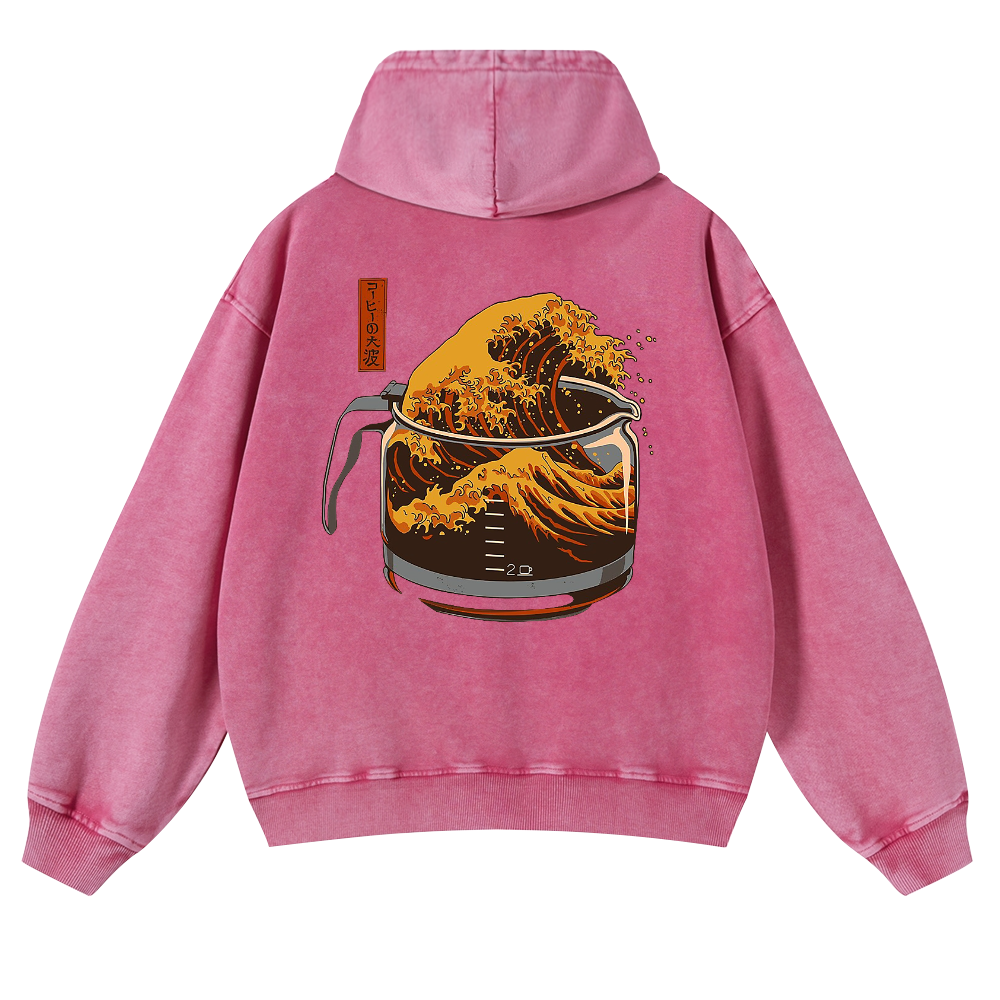Coffee Wave Ukiyoe Vintage Washed Cotton Back Art Hoodie