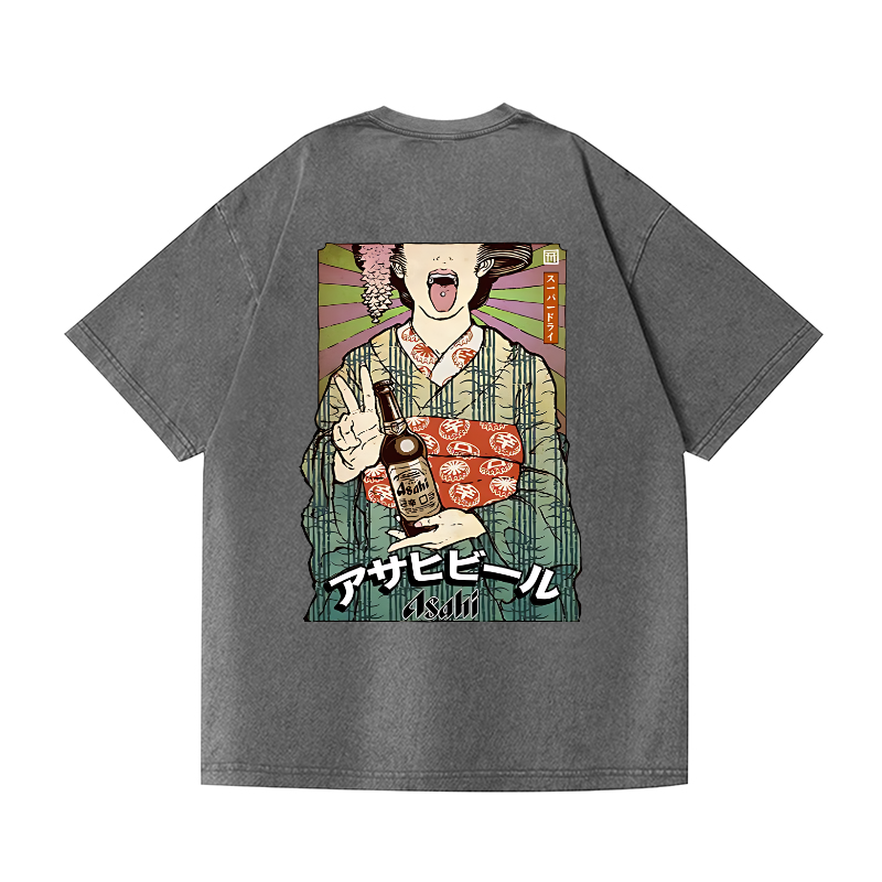 Asahi Breweries Beer Vintage Wash Japanese Design Back Art T-Shirt