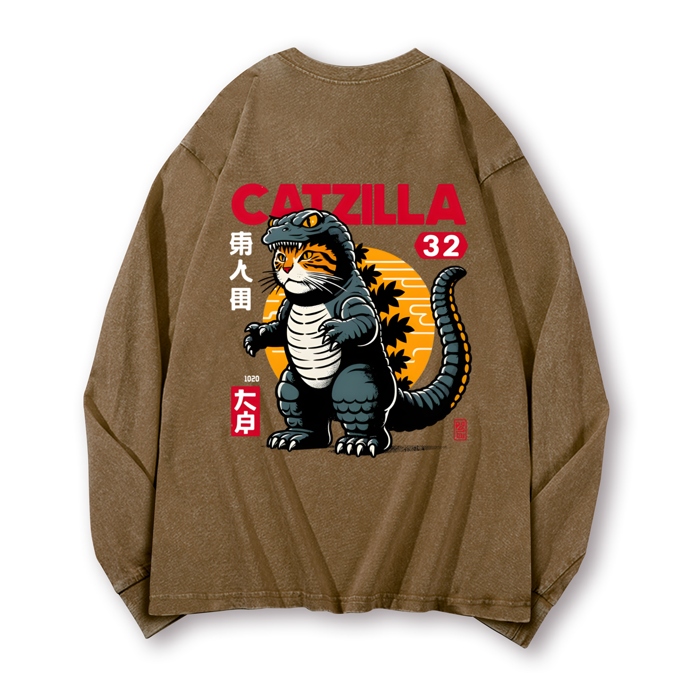Cat Godzilla Catzilla Vintage Washed Cotton Back Art Long-sleeve T-shirt