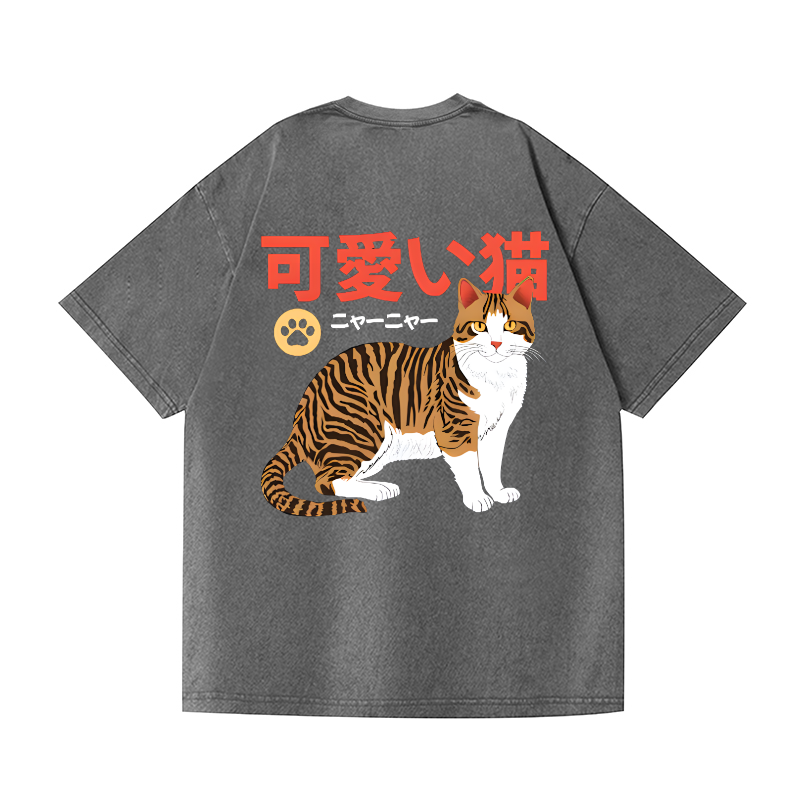 Cute Cat Vintage Wash Japanese Design Back Art T-Shirt