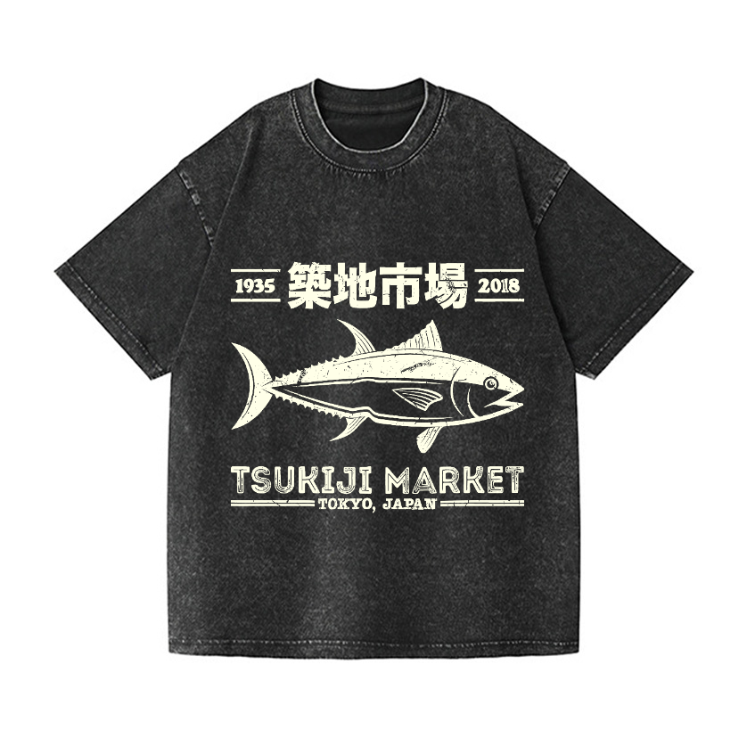 Tsukiji Market Tokyo Japan Fish Vintage Wash Japanese Design T-Shirt