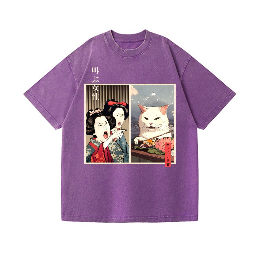 Women Yelling Cats Vintage Wash Japanese Design T-Shirt
