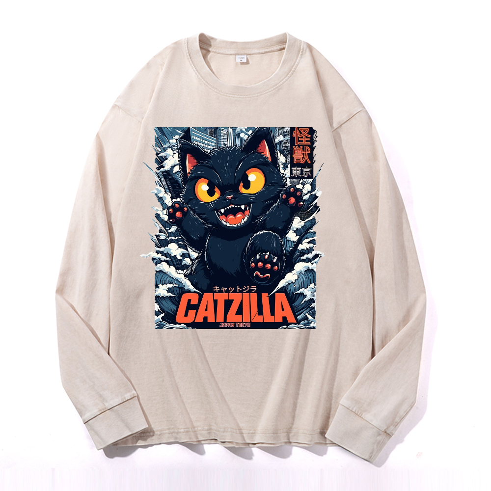 Catzilla Cat Godzilla Vintage Cotton Wash Crewneck Sweatshirt