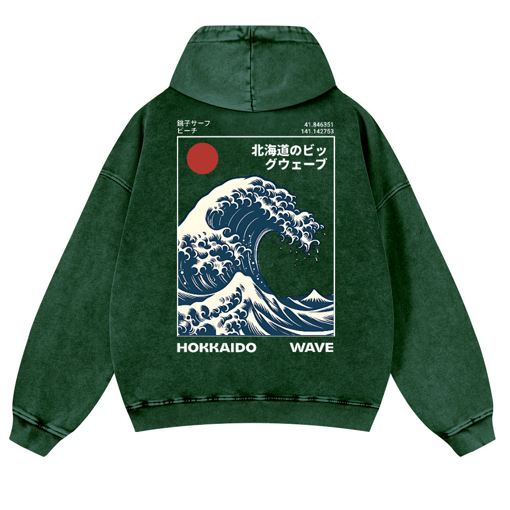 Hokkaido Wave Ukiyoe Vintage Washed Cotton Back Art Hoodie