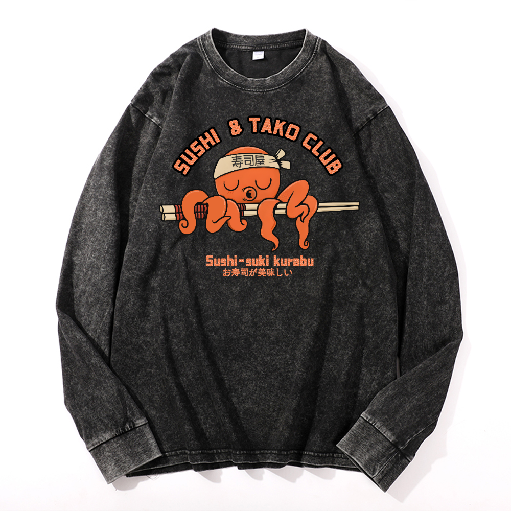 Sushi and Tako Octopus Vintage Cotton Wash Crewneck Sweatshirt