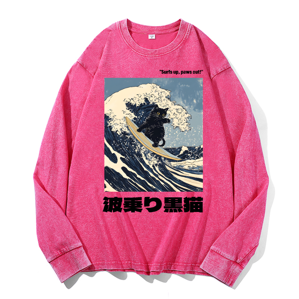 Black Cat Great Wave Vintage Cotton Wash Long-sleeve T-shirt