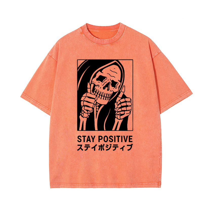 Stay Positive Skull Vintage Wash Japanese Design T-Shirt