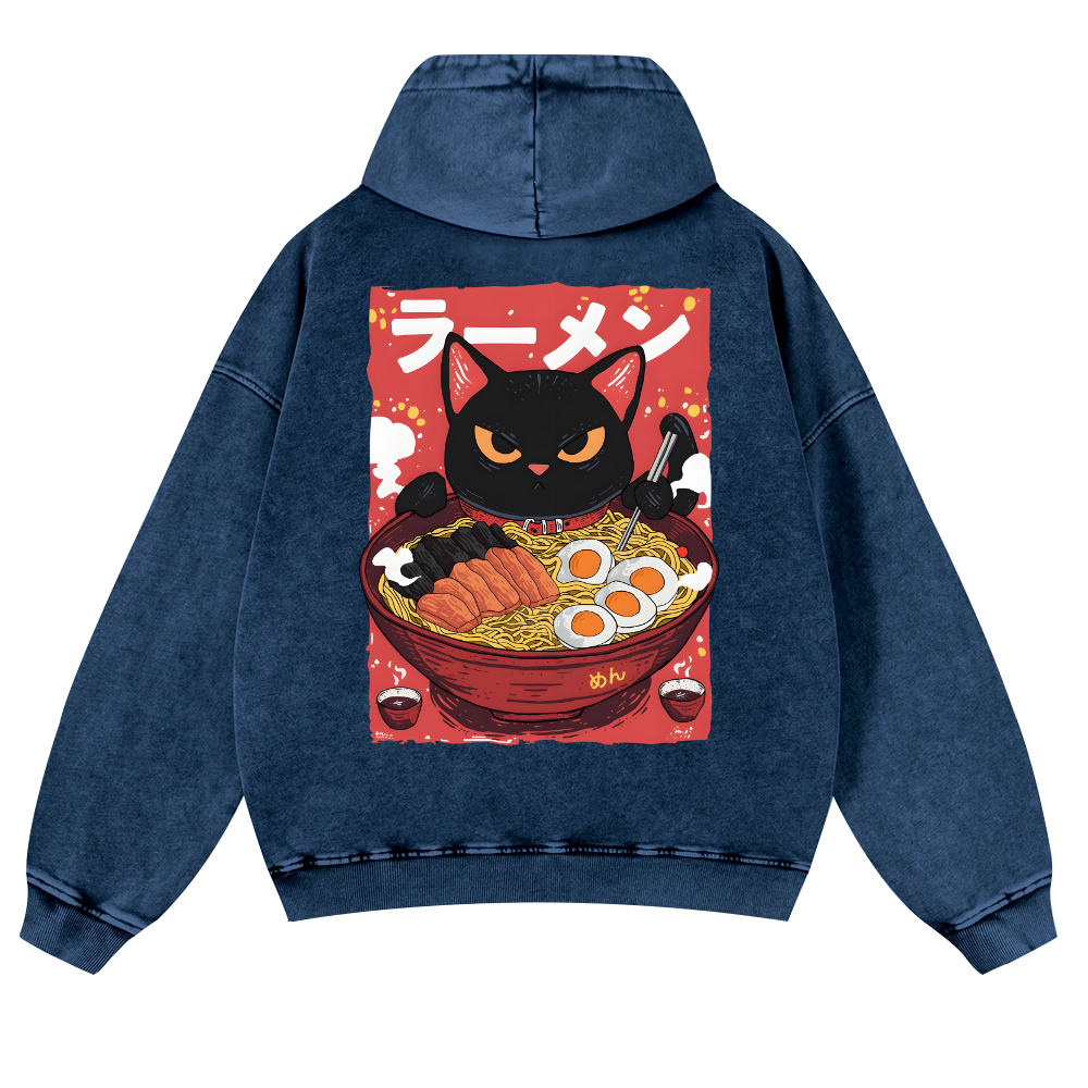 Ramen Black Cat Vintage Washed Cotton Back Art Hoodie
