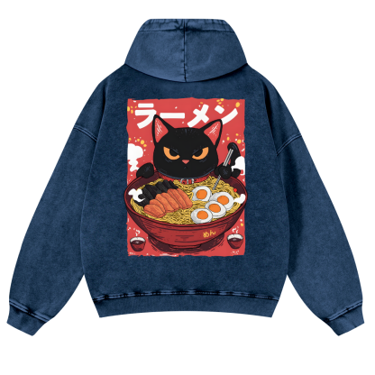 Ramen Black Cat Vintage Washed Cotton Back Art Hoodie