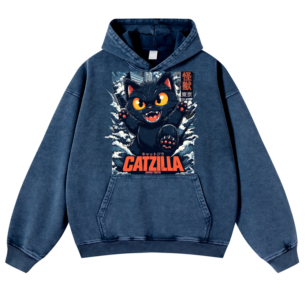 Catzilla Cat Godzilla Vintage Washed Thick Cotton Hoodie