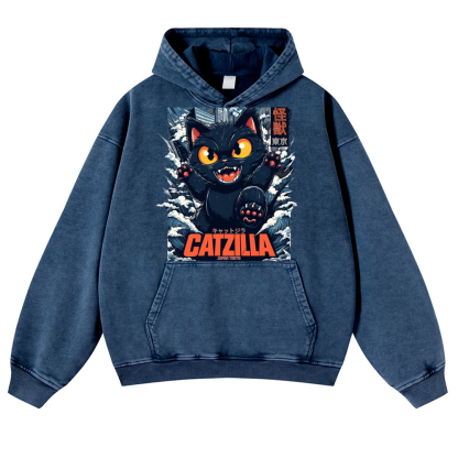 Catzilla Cat Godzilla Vintage Washed Thick Cotton Hoodie