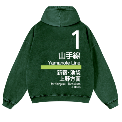 Yamanote Line for Shinjuku & Ikebukuro & Ueno Vintage Washed Cotton Back Art Hoodie