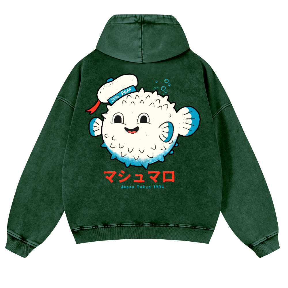 Puffer Fish Vintage Washed Cotton Back Art Hoodie
