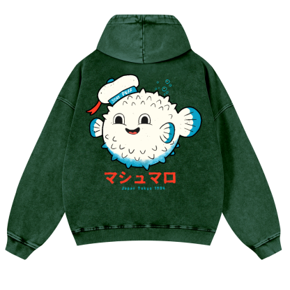 Puffer Fish Vintage Washed Cotton Back Art Hoodie