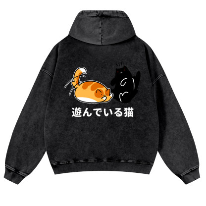 Cat Vintage Washed Cotton Back Art Hoodie