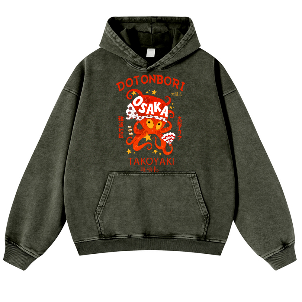 Osaka Dotonbori Takoyaki Octopus Vintage Washed Thick Cotton Hoodie