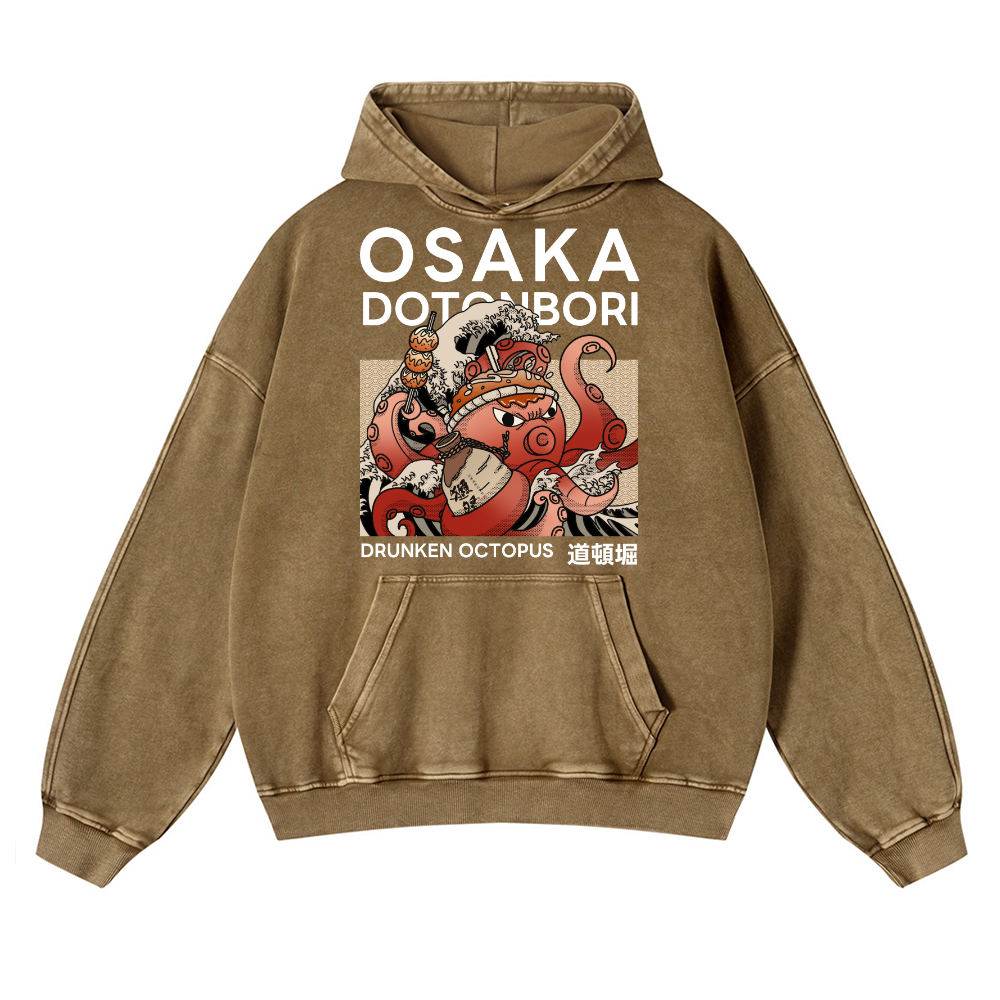 Osaka Dotonbori Drunken Octopus Vintage Washed Thick Cotton Hoodie