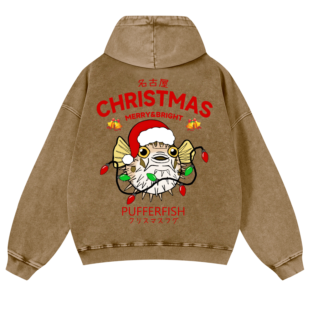 Christmas Puffer Fish Vintage Washed Cotton Back Art Hoodie