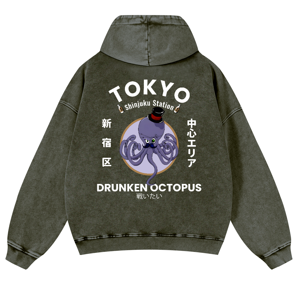 Tokyo Drunken Octopus Vintage Washed Cotton Back Art Hoodie