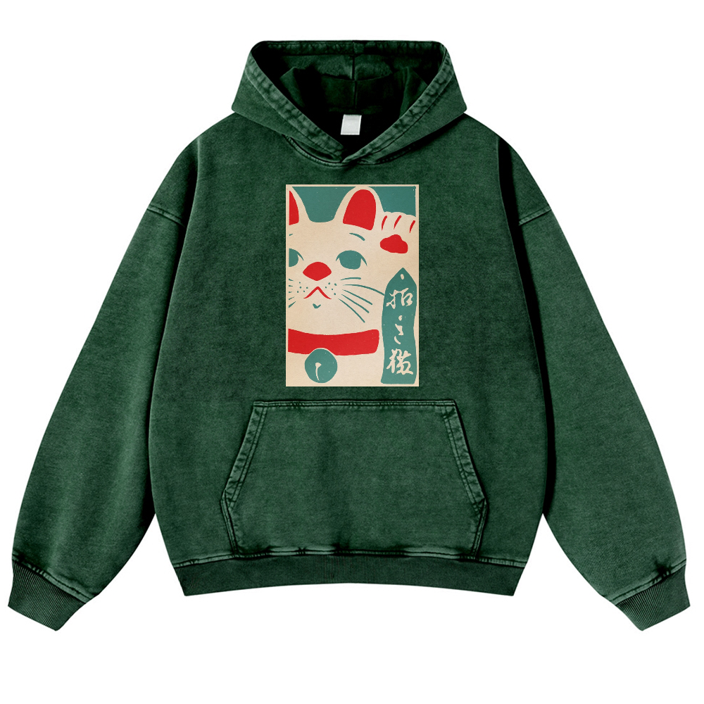 Lucky Cat Vintage Washed Thick Cotton Hoodie