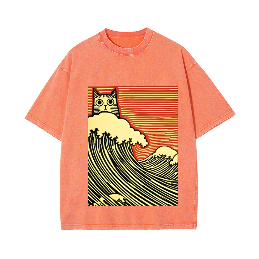Cat Wave Vintage Wash Japanese Design T-Shirt