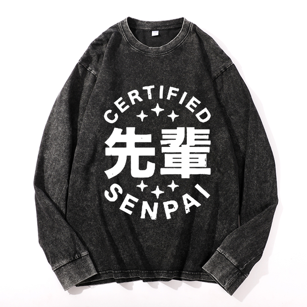 Senpai Vintage Cotton Wash Crewneck Long-Sleeve T-Shirt