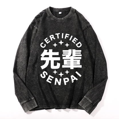 Senpai Vintage Cotton Wash Crewneck Long-Sleeve T-Shirt