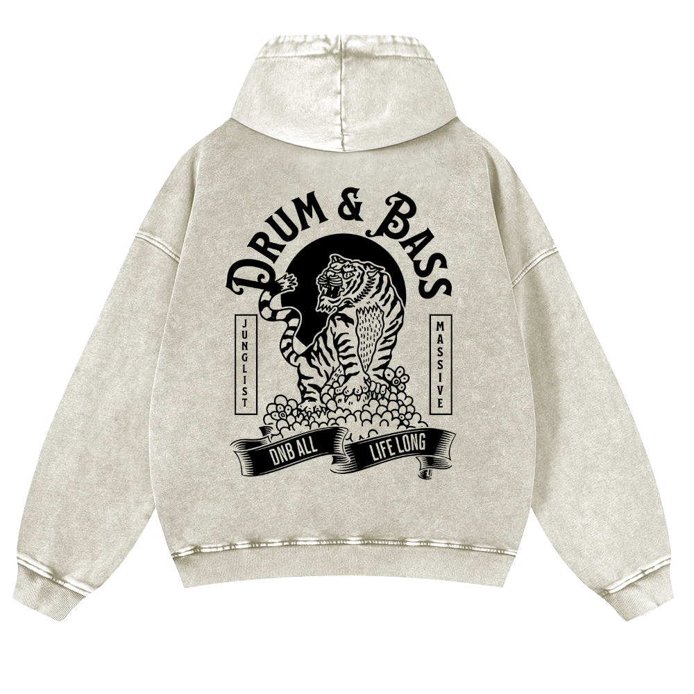 Drum and Bass Tiger Vintage Washed Cotton Back Art Hoodie