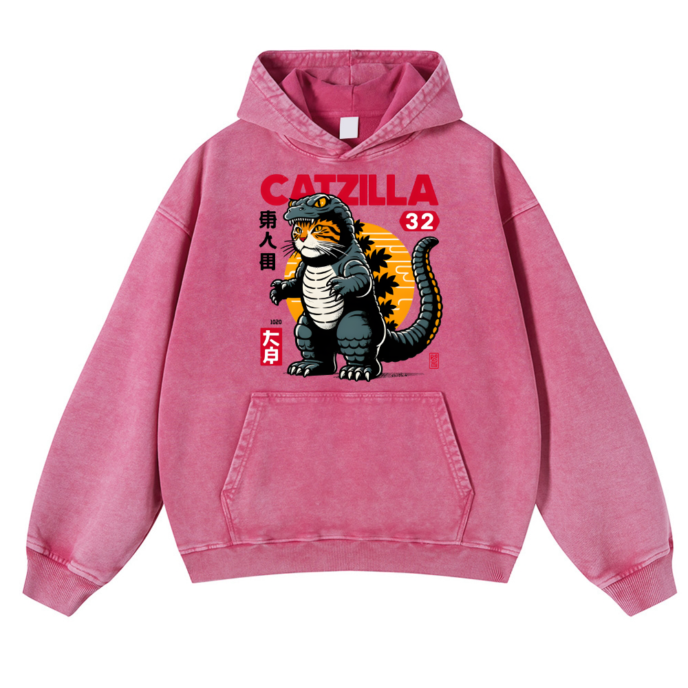 Catzilla Cat Godzilla Vintage Washed Thick Cotton Hoodie