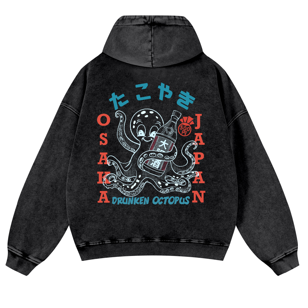 Osaka Drunken Octopus Vintage Washed Cotton Back Art Hoodie
