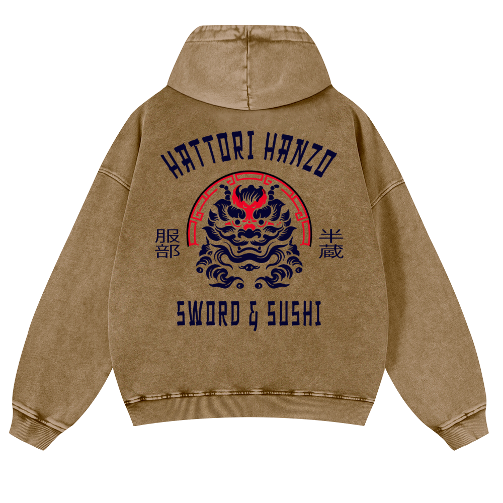 Hattori Hanzo Komainu Vintage Washed Cotton Back Art Hoodie