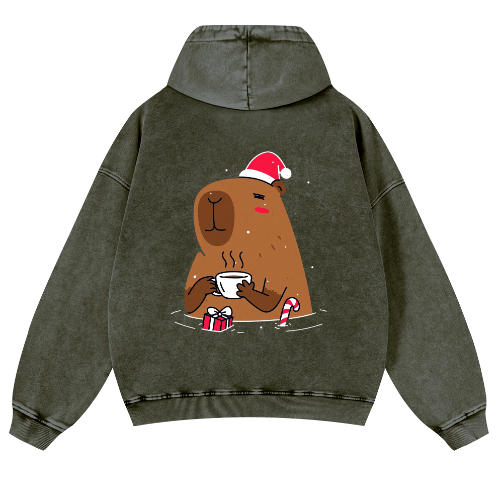 Capybara's Christmas Time Vintage Washed Cotton Back Art Hoodie