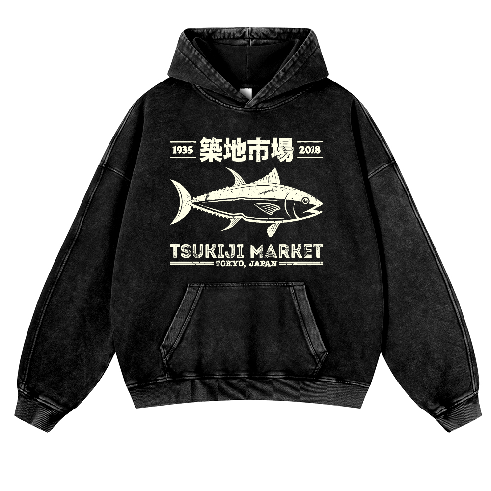 Tsukiji Market Tuna Fish Vintage Washed Thick Cotton Hoodie