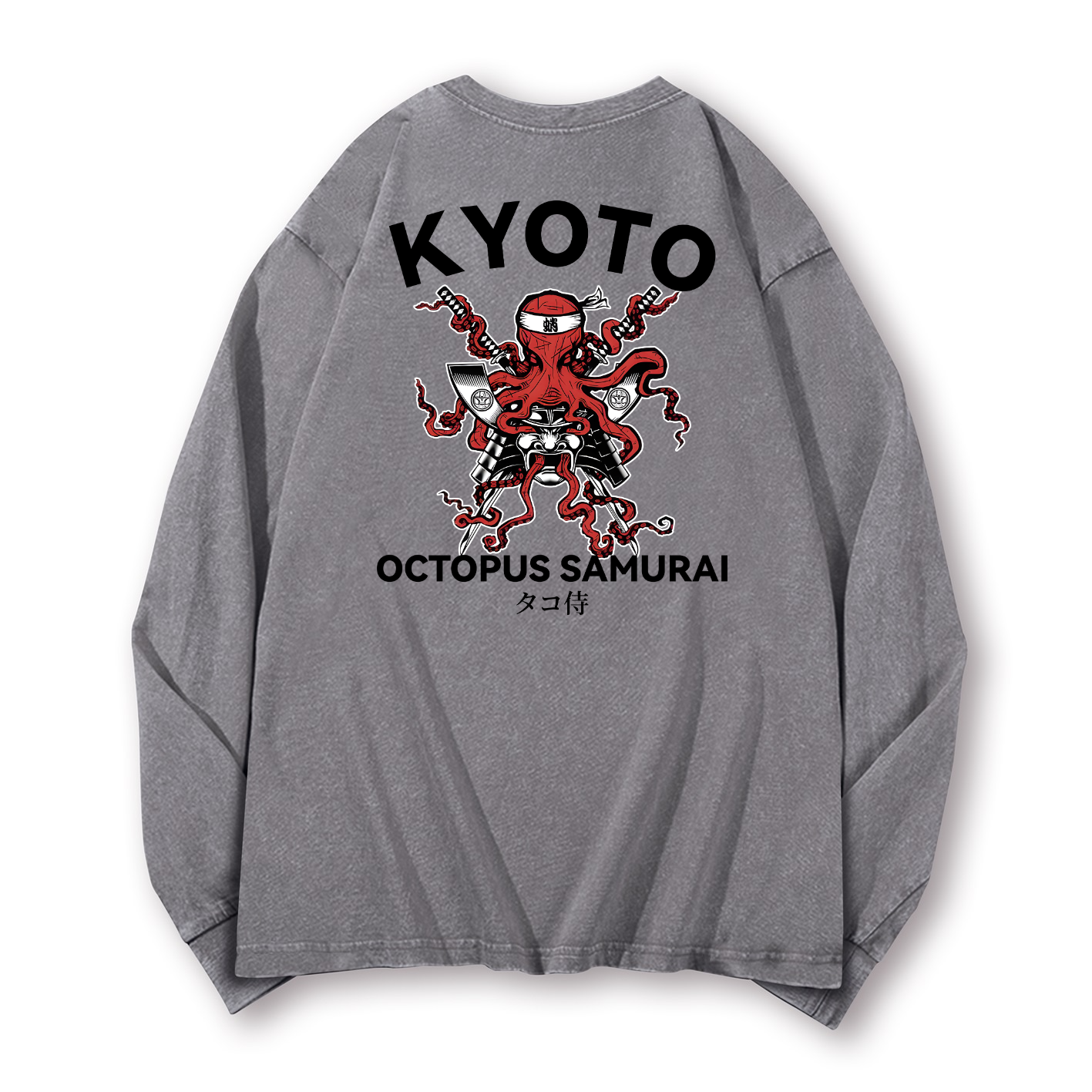 Kyoto Octopus Samurai Vintage Washed Cotton Back Art Long-sleeve T-shirt
