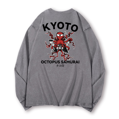 Kyoto Octopus Samurai Vintage Washed Cotton Back Art Long-sleeve T-shirt
