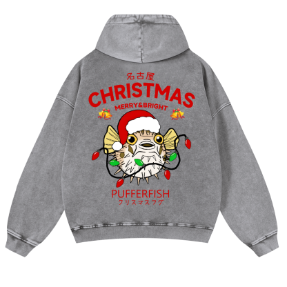 Christmas Puffer Fish Vintage Washed Cotton Back Art Hoodie