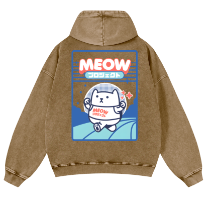 Meow Cat Vintage Washed Cotton Back Art Hoodie