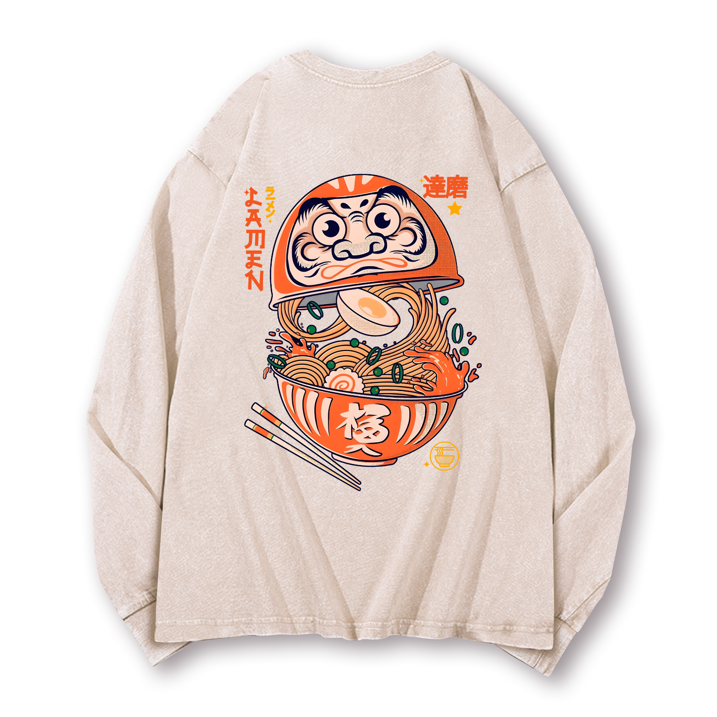 Daruma Ramen Vintage Washed Cotton Back Art Long-sleeve T-shirt