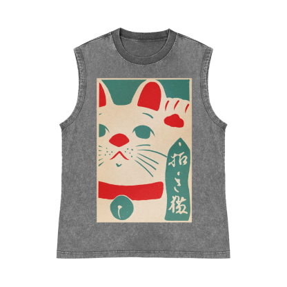 Lucky Cat Pure Cotton Wash-Dyed Sleeveless Tank Top
